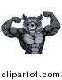 Vector Illustration of a Firece Muscular Gray Wolf Man Mascot Flexing His Muscles, from the Waist up by AtStockIllustration