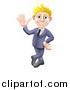 Vector Illustration of a Friendly Blond Businessman in a Blue Suit, Leaning and Waving by AtStockIllustration