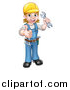 Vector Illustration of a Full Length Happy White Female Mechanic Wearing a Hard Hat, Holding up a Wrench and Giving a Thumb up by AtStockIllustration