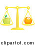 Vector Illustration of a Golden Scale Balanced with a Green Apple on the Left Side and an Orange on the Right Side, Symbolizing Opposites by AtStockIllustration