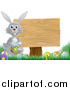 Vector Illustration of a Gray Bunny by a Wood Sign and Easter Eggs by AtStockIllustration