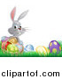 Vector Illustration of a Gray Bunny Holding Basket by Easter Eggs by AtStockIllustration