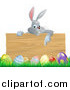 Vector Illustration of a Gray Bunny over a Wood Sign and Easter Eggs by AtStockIllustration