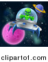 Vector Illustration of a Green Alien Steering a Ufo in Outer Space by AtStockIllustration