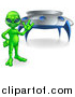 Vector Illustration of a Green Alien Waving or Presenting by a UFO by AtStockIllustration