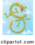 Vector Illustration of a Green and Orange Chinese Dragon Flying in the Sky by AtStockIllustration