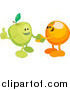 Vector Illustration of a Green Apple Shaking Hands with an Orange While Agreeing on a Business Deal by AtStockIllustration