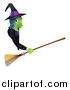 Vector Illustration of a Green Halloween Witch Holding a Broom and Pointing to a Sign Board by AtStockIllustration