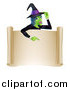 Vector Illustration of a Green Halloween Witch Poinging down to a Scroll Sign by AtStockIllustration