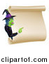 Vector Illustration of a Green Halloween Witch Pointing to a Scroll Sign by AtStockIllustration