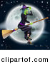 Vector Illustration of a Green Halloween Witch Tipping Her Hat and Flying Her Broom over a Full Moon by AtStockIllustration