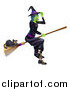 Vector Illustration of a Green Halloween Witch Tipping Her Hat and Flying with a Black Cat on a Broomstick by AtStockIllustration