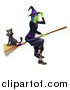 Vector Illustration of a Green Halloween Witch Tipping Her Hat and Flying with a Cat on a Broomstick by AtStockIllustration