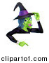 Vector Illustration of a Green Halloween Witch Touching Her Hat and Pointing down to a Sign by AtStockIllustration