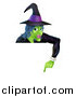 Vector Illustration of a Green Halloween Witch Wearing a Hat and Pointing down at a Sign by AtStockIllustration