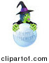 Vector Illustration of a Green Witch Behind a Happy Halloween Crystal Ball by AtStockIllustration