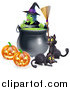Vector Illustration of a Green Witch over a Cauldron with Black Cats a Broomstick and Jackolanterns by AtStockIllustration