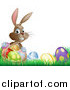 Vector Illustration of a Grinning Easter Bunny with Eggs and a Basket in Grass by AtStockIllustration