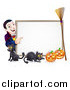 Vector Illustration of a Grinning Vampire Pointing to a Halloween Sign with a Black Cat Broomstick and Pumpkins by AtStockIllustration