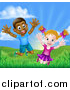 Vector Illustration of a Happy and Excited Black Boy and White Girl Jumping Outdoors by AtStockIllustration