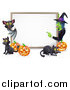 Vector Illustration of a Happy Bat Witch Pumpkins and Black Cats Around a Blank Sign by AtStockIllustration