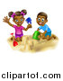 Vector Illustration of a Happy Black Boy and Girl Playing and Building a Sand Castle on a Beach by AtStockIllustration