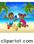 Vector Illustration of a Happy Black Boy and Girl Playing and Building a Sand Castle on a Tropical Beach by AtStockIllustration