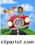 Vector Illustration of a Happy Black Boy Driving a Red Convertible Car and a White Girl Holding Her Arms up in the Passenger Seat As They Catch Air by AtStockIllustration
