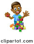 Vector Illustration of a Happy Black Boy Waving and Playing with Toy Blocks by AtStockIllustration