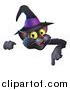 Vector Illustration of a Happy Black Cat Wearing a Witch Hat and Pointing down to a Sign by AtStockIllustration