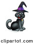 Vector Illustration of a Happy Black Cat Wearing a Witch Hat and Sitting by AtStockIllustration