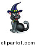 Vector Illustration of a Happy Black Cat Wearing a Witch Hat and Sitting by AtStockIllustration