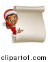 Vector Illustration of a Happy Black Female Christmas Elf Pointing Around a Blank Scroll Sign by AtStockIllustration