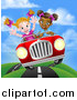 Vector Illustration of a Happy Black Girl Driving a Red Convertible Car with a White Girl in the Passenger Seat by AtStockIllustration