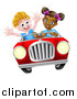 Vector Illustration of a Happy Black Girl Driving a White Boy and Catching Air in a Convertible Car by AtStockIllustration