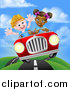 Vector Illustration of a Happy Black Girl Driving a White Boy and Catching Air in a Convertible Car by AtStockIllustration