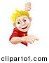 Vector Illustration of a Happy Blond Boy Peeking Around and Pointing at a Sign by AtStockIllustration