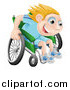 Vector Illustration of a Happy Blond Boy Racing Fast in His Wheelchair by AtStockIllustration