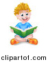 Vector Illustration of a Happy Blond Caucasian School Boy Reading a Book on the Floor by AtStockIllustration
