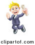 Vector Illustration of a Happy Blond Graduate Business Man Jumping and Holding a Diploma by AtStockIllustration