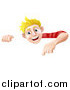 Vector Illustration of a Happy Blond Man Pointing down at a Sign by AtStockIllustration