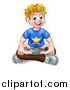 Vector Illustration of a Happy Blond White Gamer Guy Holding a Remote and Sitting on the Floor by AtStockIllustration