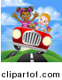 Vector Illustration of a Happy Blond White Girl Driving a Red Convertible Car with a Black Girl in the Passenger Seat on a Hilly Road by AtStockIllustration