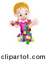 Vector Illustration of a Happy Blond White Girl Playing with Toy Blocks by AtStockIllustration