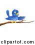 Vector Illustration of a Happy Blue Bird Pointing on a Bare Tree Branch by AtStockIllustration