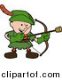 Vector Illustration of a Happy Boy in a Green Robin Hood Costume, Shooting an Arrow with a Cork on the Tip by AtStockIllustration