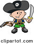 Vector Illustration of a Happy Boy in a Pirate's Costume, Wearing a Jolly Roger Hat, Holding a Pistil and a Sword by AtStockIllustration