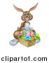 Vector Illustration of a Happy Brown Easter Bunny with a Basket of Eggs and Flowers by AtStockIllustration