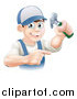 Vector Illustration of a Happy Brunette Caucasian Worker Man Holding a Hammer and Pointing by AtStockIllustration