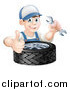Vector Illustration of a Happy Brunette White Mechanic Man Holding a Wrench and Thumb up over a Tire by AtStockIllustration